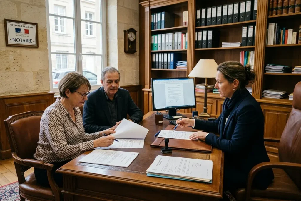 Trois personnes autour d’un bureau en réunion d’assemblée générale de copropriété, documents et ordinateur visibles, échange autour des votes entre usufruitier et nu-propriétaire. vote assemblée générale copropriété usufruitier.