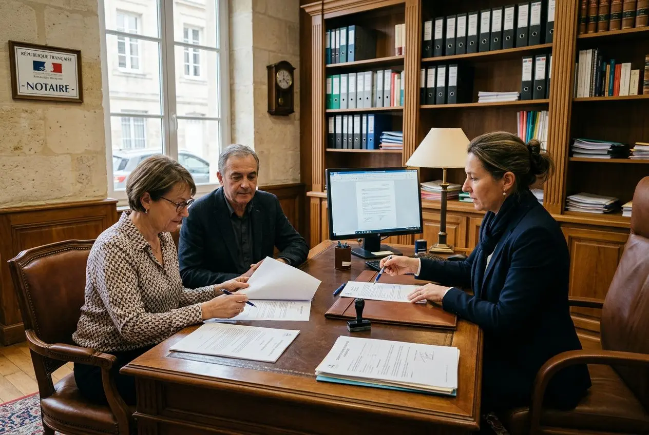 Trois personnes autour d’un bureau en réunion d’assemblée générale de copropriété, documents et ordinateur visibles, échange autour des votes entre usufruitier et nu-propriétaire. vote assemblée générale copropriété usufruitier.